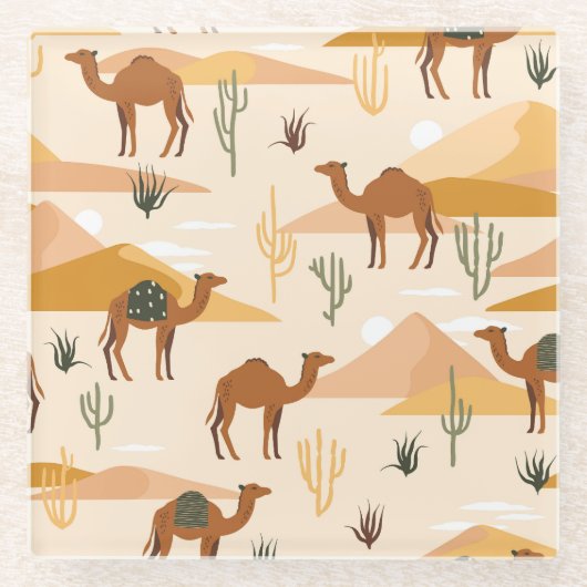 Camels Dunes Cacti: Wüste nahtlos Glasuntersetzer (Vorderseite)