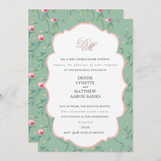 Cameo Green und Gossamer Pink Probe Dinner Einladung (Vorne/Hinten)