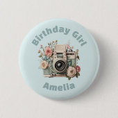 Camera with Flowers Retro Pastel Birthday Girl Button (Vorderseite)