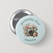 Camera with Flowers Retro Pastel Birthday Girl Button (Vorne & Hinten)