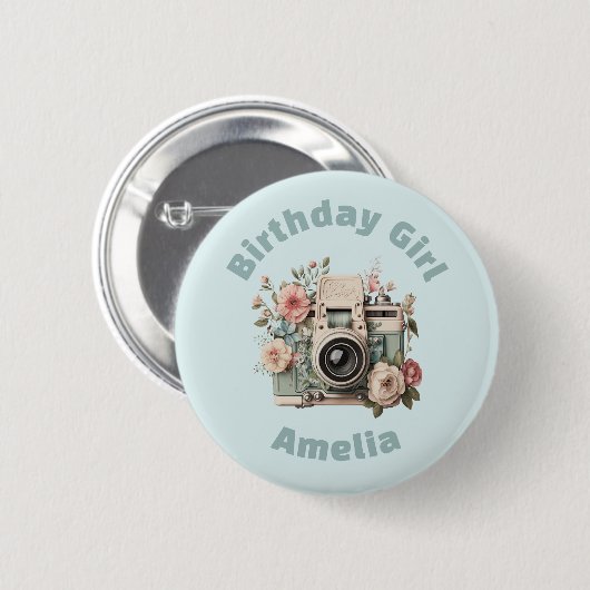 Camera with Flowers Retro Pastel Birthday Girl Button (Vorne & Hinten)