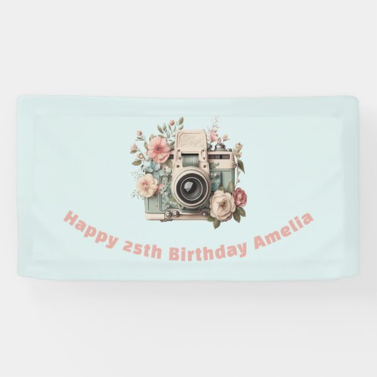 Camera with Flowers Retro Pastel Image Birthday Banner (Horizontal)