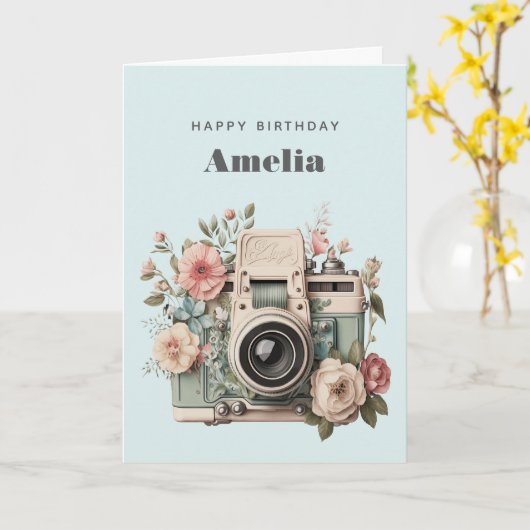 Camera with Flowers Retro Pastel Image Birthday Karte (Gelbe Blume)