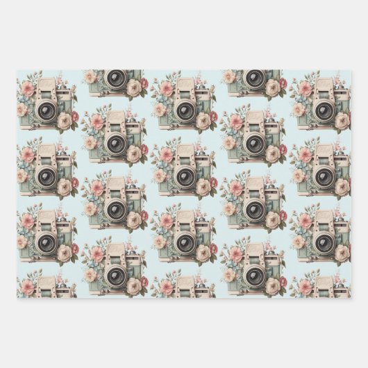 Camera with Flowers Retro Pastel Image Pattern Geschenkpapier Set (Vorderseite 3)