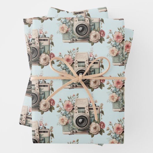 Camera with Flowers Retro Pastel Image Pattern Geschenkpapier Set (Beispiel)