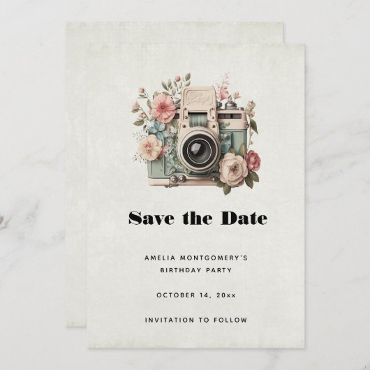 Camera with Flowers Retro Pastel Image Save The Date (Vorne/Hinten)