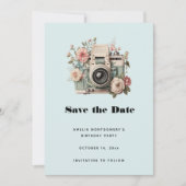 Camera with Flowers Retro Pastel Image Save The Date (Vorderseite)