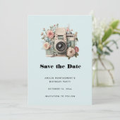 Camera with Flowers Retro Pastel Image Save The Date (Stehend Vorderseite)
