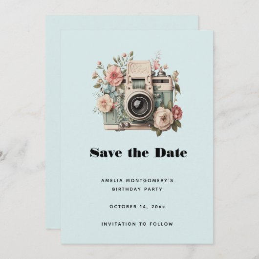 Camera with Flowers Retro Pastel Image Save The Date (Vorne/Hinten)