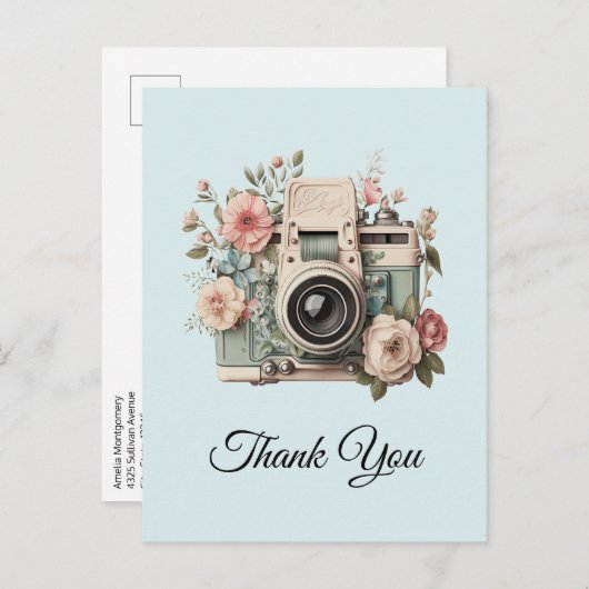 Camera with Flowers Retro Pastel Image Thank You Postkarte (Vorne/Hinten)