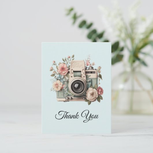 Camera with Flowers Retro Pastel Image Thank You Postkarte (Stehend Vorderseite)