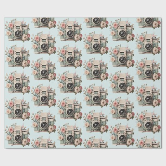 Camera with Flowers Retro Pastel Pattern Geschenkpapier (Flach)