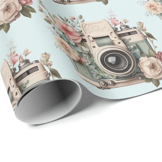 Camera with Flowers Retro Pastel Pattern Geschenkpapier (Rolleneckpunkt)
