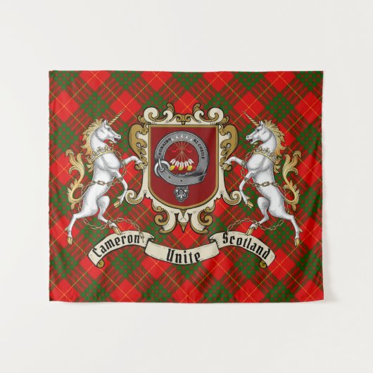 Cameron Clan Abzeichen & Unicorns w/Tartan Wandteppich (Vorderseite (Horizontal))