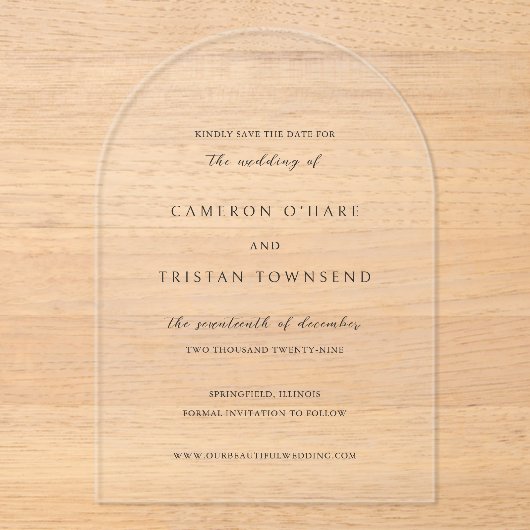 Cameron Simple Modern Wedding rettet das Datum Acryleinladungen (Vorderseite)