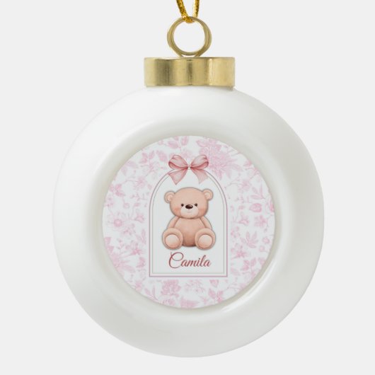 Camila | Benutzerdefiniertes rosa Teddy-Bär-Kinder Keramik Kugel-Ornament (Vorderseite)