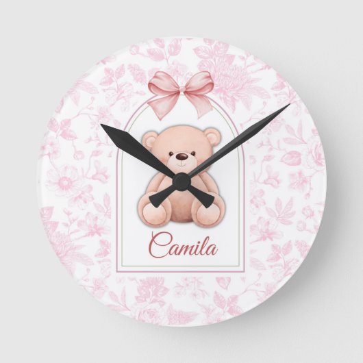 Camila | Benutzerdefiniertes rosa Teddy-Bär-Kinder Runde Wanduhr (Vorderseite)