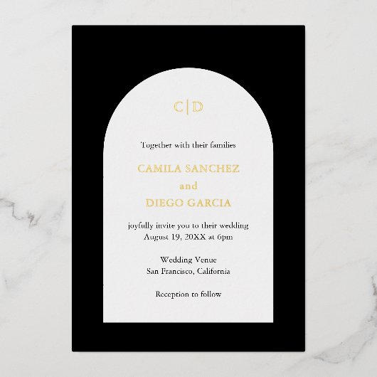 Camila Black Arch Moderne Hochzeit Folieneinladung (Vorderseite)