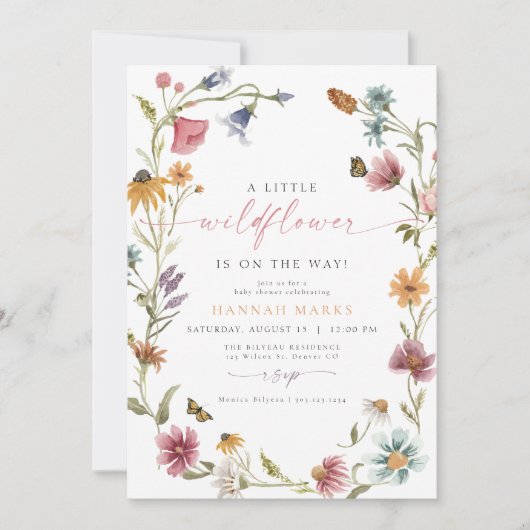 CAMILLA Butterfly Wildblume Girl Baby Dusche Einladung (Vorderseite)