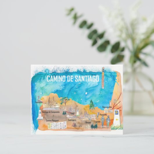 Camino Santiago St Jacques James Reiseplan Postkarte (Stehend Vorderseite)