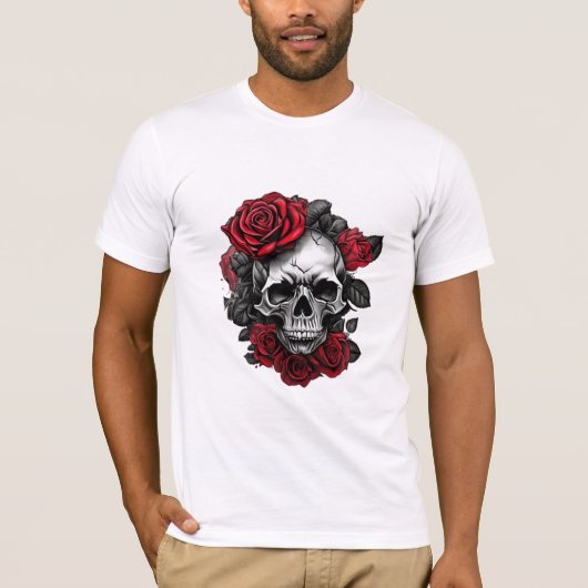 Camiseta Caveira com Rosas Vermelhas – Poder e Ele T-Shirt (Vorderseite)