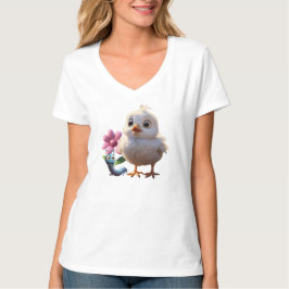 Camiseta Feminina Básica Pintinho Gola em V 3D T-Shirt