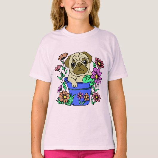 Camiseta Pug Fofo em Vaso de Flores Desenho T-Shirt (Vorderseite)