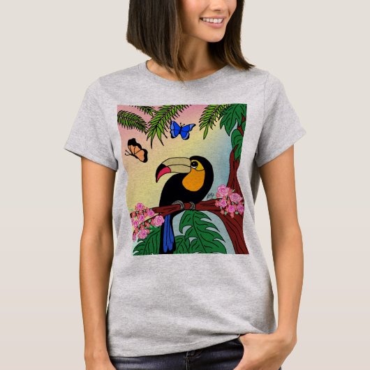 camiseta Tucano tropical e borboletas T-Shirt (Vorderseite)