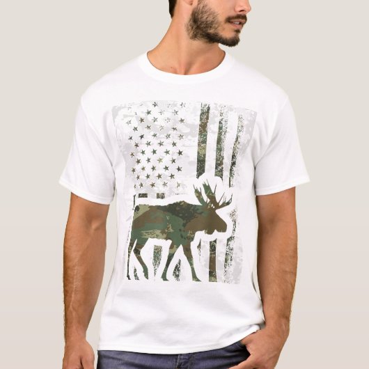 Camouflage American Flag Elch Jagdgeschenk für Jäg T-Shirt (Vorderseite)