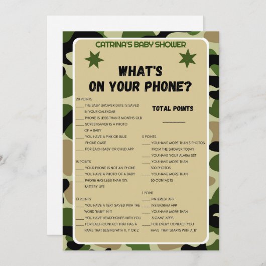 Camouflage Babydusche - bestellbarer Name, 12x18 Einladung (Vorne/Hinten)