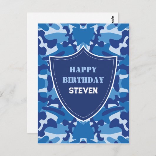 Camouflage Blue Camouflage Army Pattern Monogram Postkarte (Vorne/Hinten)