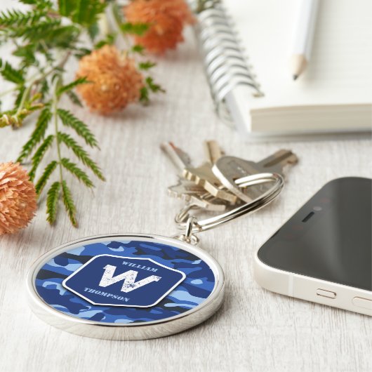 Camouflage Blue Camouflage Army Pattern Monogram Schlüsselanhänger (Seite)