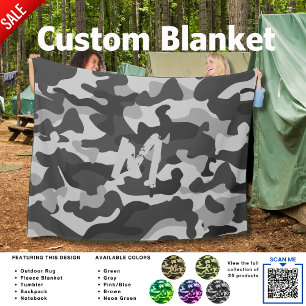 Camouflage Camping Blanket GRAU Personalisiert Fleecedecke