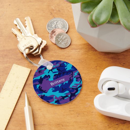 Camouflage Dark Blue und Lila Muster Name Schlüsselanhänger (Schreibtisch)