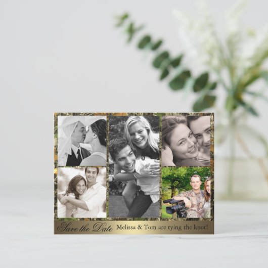 Camouflage FotoCollage Save the Date Postkarte (Stehend Vorderseite)