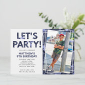 Camouflage Geburtstag, Let's Party Blue Camouflage Einladung (Stehend Vorderseite)
