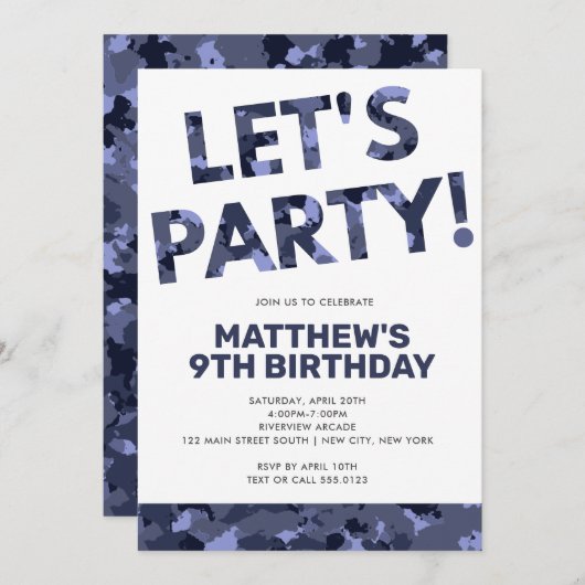 Camouflage Geburtstag, Let's Party Blue Camouflage Einladung (Vorne/Hinten)