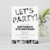 Camouflage Geburtstag, Let's Party Gray Camouflage Einladung (Stehend Vorderseite)
