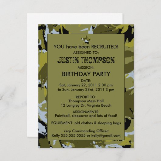 Camouflage Geburtstagspartei Einladung (Vorne/Hinten)