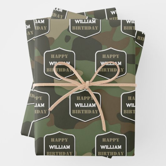Camouflage Green Camouflage Army Monogram Birthday Geschenkpapier Set (Beispiel)