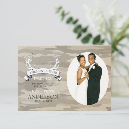 Camouflage Hochzeit Foto "Die Jagd ist vorbei" Dan Dankeskarte (Stehend Vorderseite)