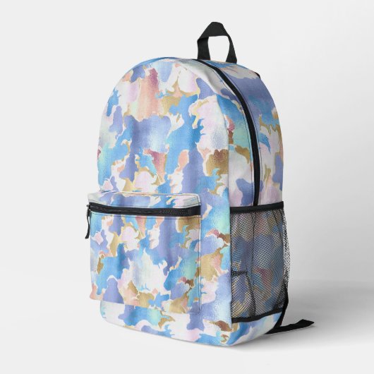 Camouflage Metallic Pink Blue Gold Abstrakt Bedruckter Rucksack (Rückseitige Ecke Rechts)