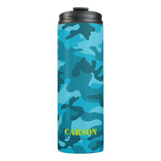 Camouflage Muster Name Sport farbenfroh Blauer Spa Thermosbecher (Vorderseite)