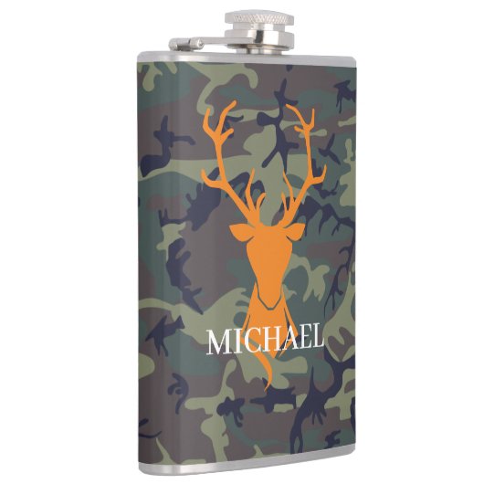 Camouflage Orange Deer Buck Jagd | Monogramm Flachmann (Rechts)