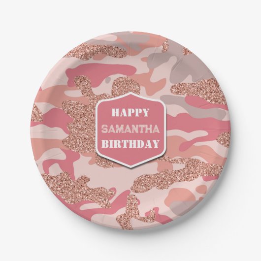 Camouflage Rose Gold Blush Pink Camo Army Birthday Pappteller (Vorderseite)