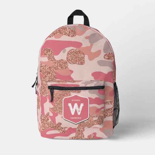 Camouflage Rose Gold Rosa Camouflage Girl Bedruckter Rucksack (Vorderseite)