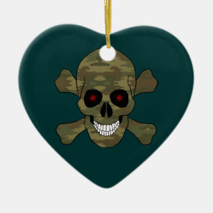 Camouflage Rote Augen Schädel und Kreuze Herzverzi Keramik Ornament