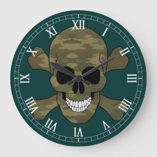 Camouflage Skull and Crossbone Roman Numerale Cloc Große Wanduhr