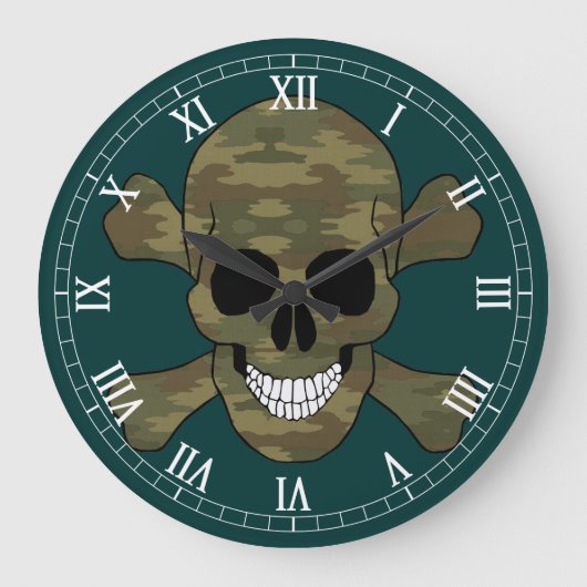Camouflage Skull and Crossbone Roman Numerale Cloc Große Wanduhr (Vorderseite)