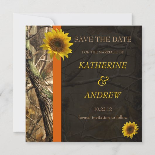 Camouflage und Sonnenblumen Save The Date (Vorderseite)